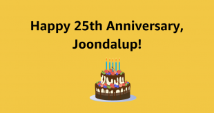 A two-tier chocolate cake on an orange background. The black font above it says, 'Happy 25th Anniversary, Joondalup!'.